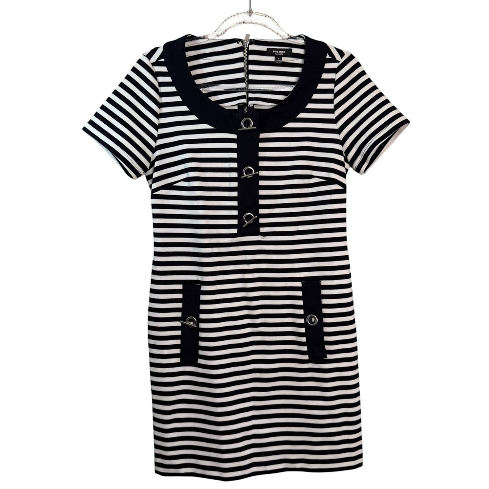 Premise Dresses Navy Blue White Striped Short Sleeve Sheath Dress Size S